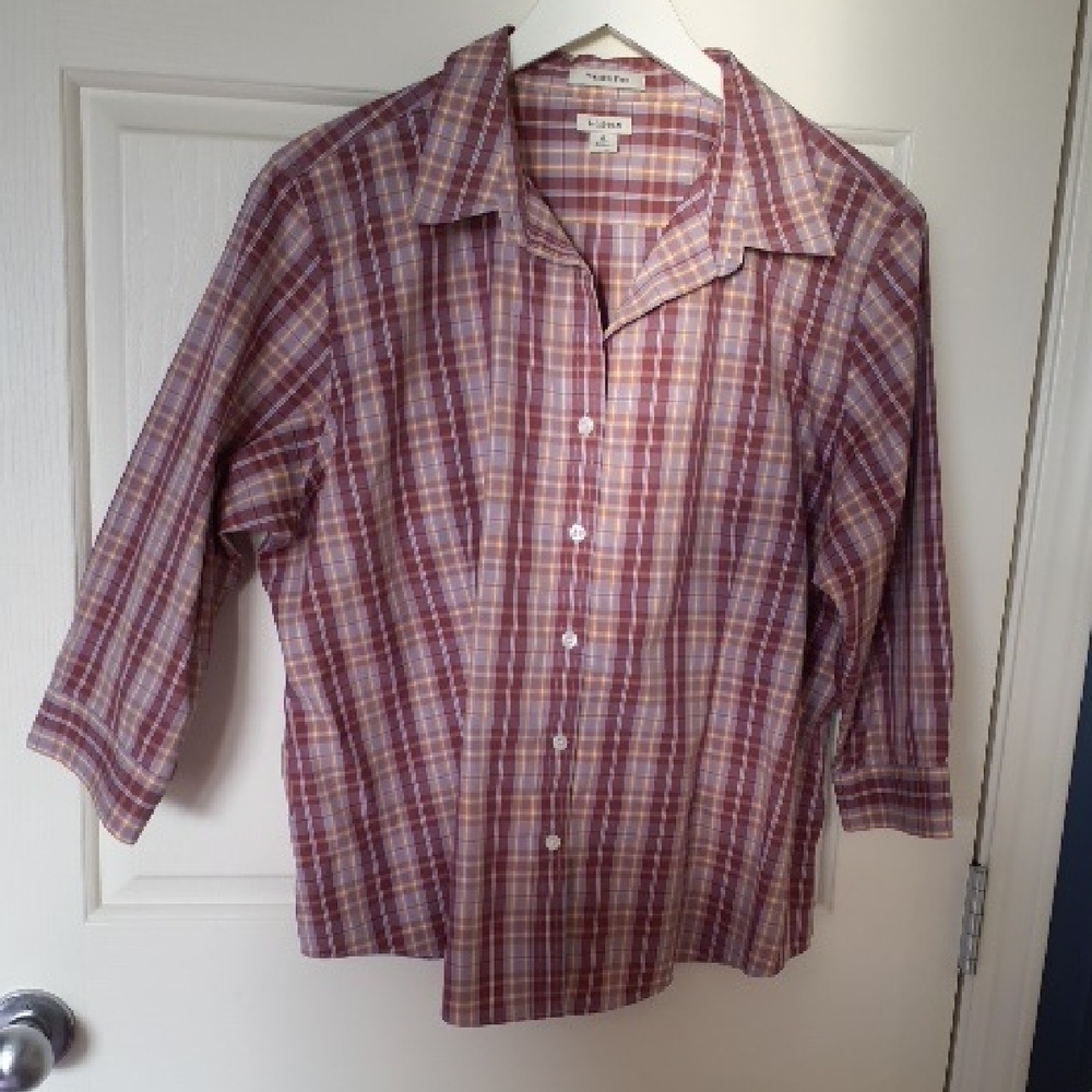 L.L. Bean Women's  Brown & Yellow Plaid Shirt  3/4 Length Sleeve XL Petite